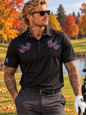 Tattoo Golf Birdie Polo Men’s L Black Swallow Graphic Performance Golf Shirt